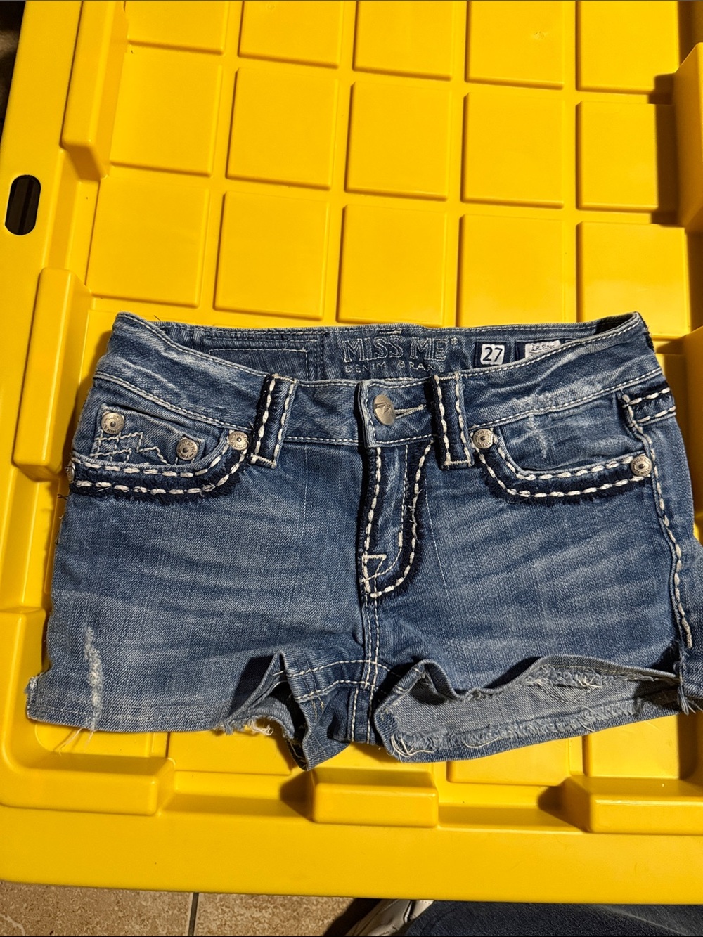 Miss Me Distressed Blue Denim Cutoff Shorts with Contrast Stitching